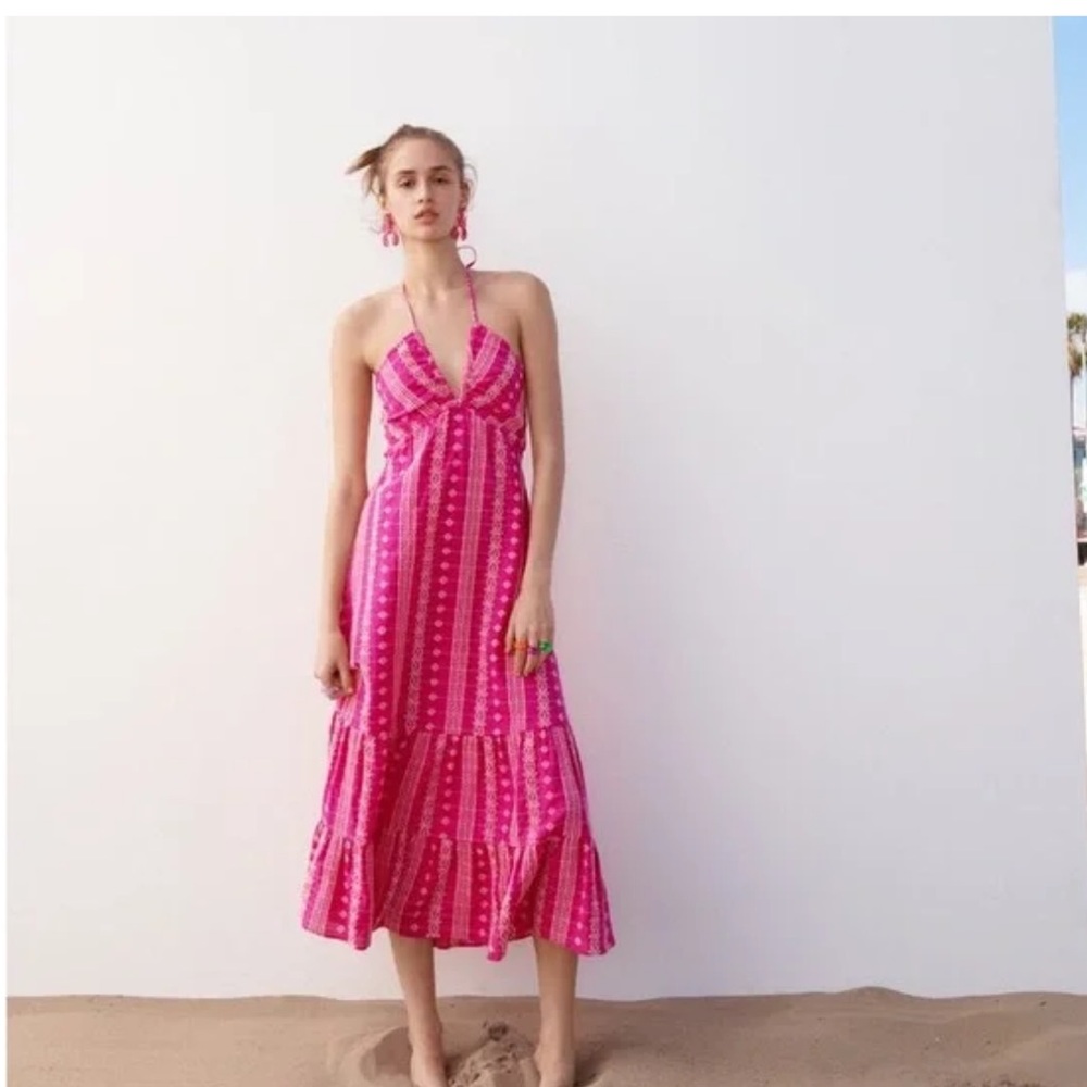 Zara Pink and White Ruffled Halter Midi Dress